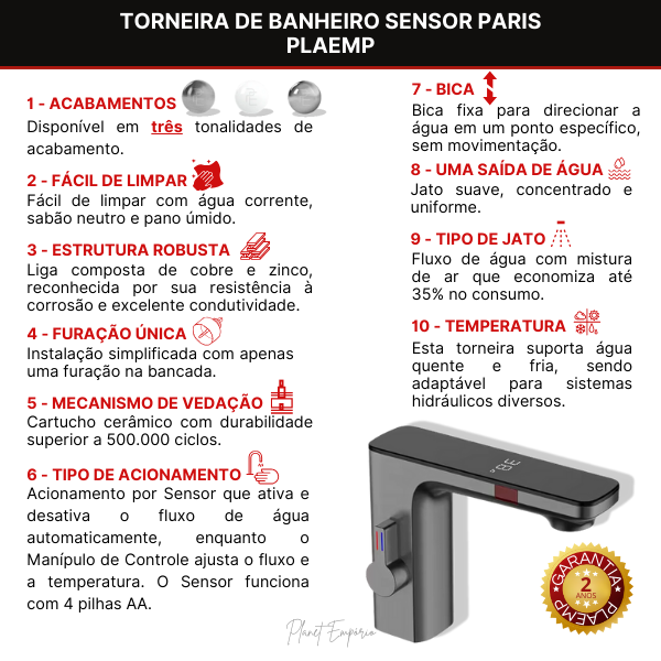 Torneira de Banheiro Sensor Paris - Plaemp