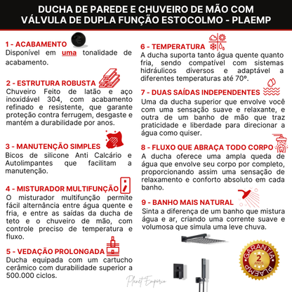 Ducha de Parede e Chuveiro de Mão com Válvula de Dupla Função Estocolmo - Plaemp